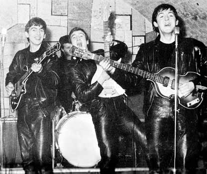 George Harrison, Pete Best, John Lennon and Paul McCartney in black leather pants and jackets