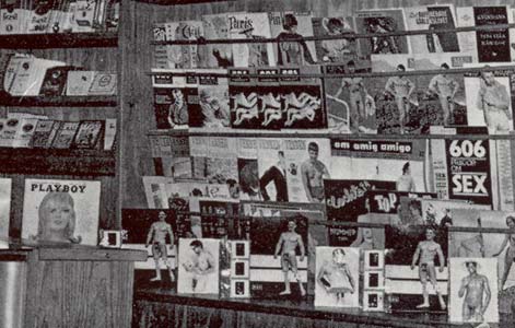 Gay magazines on a stand in a Swedish cigar shop 1965