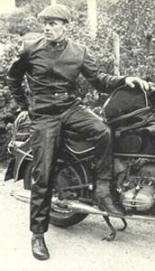 1950's biker in loose fitting leather gear
